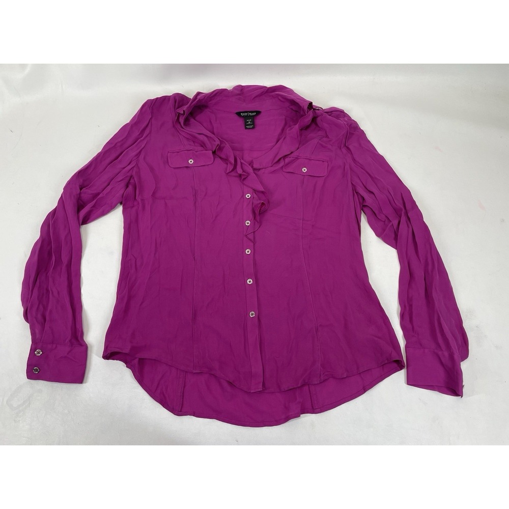 White House Black Market Silk Ruffle Neck Button Up Blouse Womens Size 14 Purple